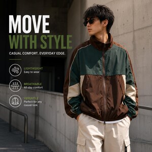 Puede incluir: Una chaqueta con cremallera de bloques de color verde oscuro, marrón y beige con cuello alto. El texto en la imagen dice MOVE WITH STYLE, CASUAL COMFORT. EVERYDAY EDGE, LIGHTWEIGHT, BREATHABLE y VERSATILE, junto con tres iconos.