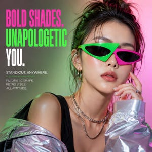Könnte beinhalten: Asymmetrische Sonnenbrille mit einem hellgrünen Rahmen am linken Glas und einem pinkfarbenen Rahmen am rechten Glas mit dunkel getönten Gläsern. Der Text BOLD SHADES. UNAPOLOGETIC YOU. STAND OUT. ANYWHERE. FUTURISTIC SHAPE. RETRO VIBES. ALL ATTITUDE. ist sichtbar.