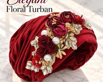 Women's Rhinestone Floral Turban Headwrap Pleated Stretch Bonnet Elegant Wedding Party Occasion Headwear