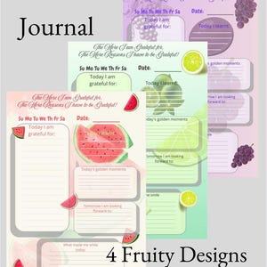 Può includere: Un download digitale di un diario della gratitudine con quattro design fruttati. Le pagine del diario presentano illustrazioni di anguria, lime e uva. Il testo include "Diario della gratitudine", "Oggi sono grato per" e "Oggi ho imparato".