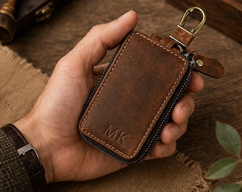 Personalized Leather Coin Purse, Crazy Horse Leather Zipper Pouch, Small Coin Wallet, Key Pouch, Father's Day Gift for Him