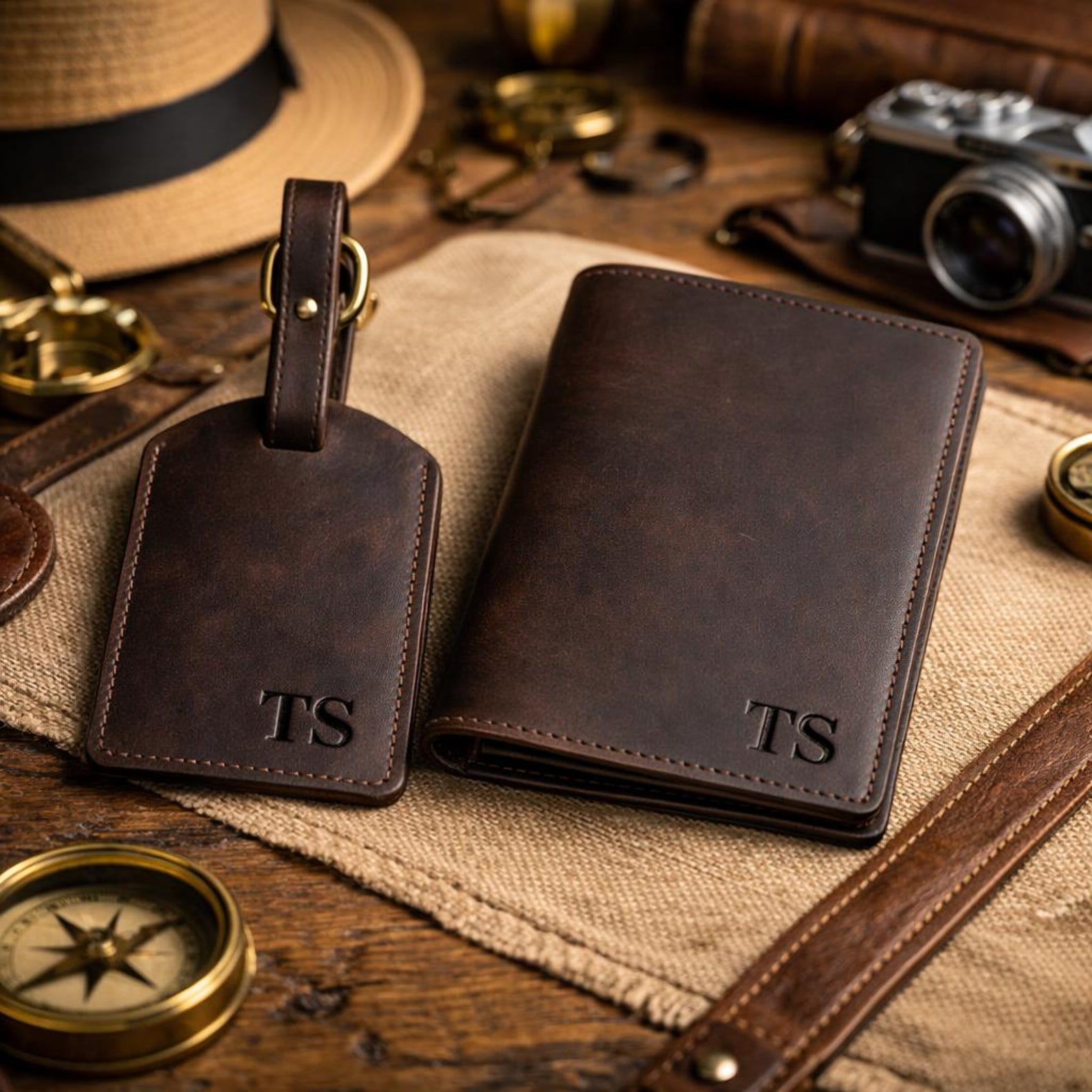 Personalized Leather Passport Holder and Luggage Tag Set, Monogram Travel Accessories