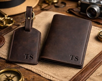 Juego de portapasaportes y etiqueta para equipaje de cuero personalizados, accesorios de viaje con monograma
