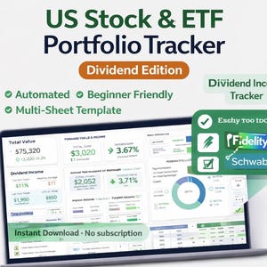 Può includere: Uno schermo di un laptop mostra un tracker di portafoglio finanziario con il testo "US Stock & ETF Portfolio Tracker". L'interfaccia mostra dati finanziari, tra cui il valore totale, i redditi da dividendi e i guadagni. Il design include le parole "Automated", "Beginner Friendly" e "Multi-Sheet Template".