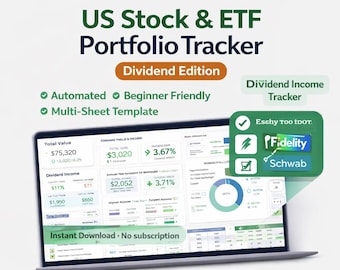 Dividend & Stock Portfolio Tracker Excel – ETF Investment Dashboard Spreadsheet (Robinhood, Fidelity, Schwab Compatible)