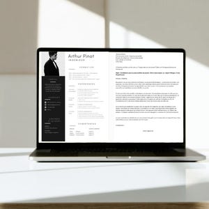 Puede incluir: Un portátil que muestra un currículum vitae con el nombre "Arthur Pinot" y el título "Ingénieur". El currículum tiene un diseño en blanco y negro, con secciones para perfil, contacto y experiencia. El portátil está sobre una superficie blanca.