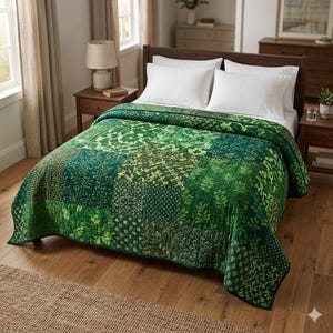 Könnte beinhalten: Eine grüne Patchwork-Steppdecke mit verschiedenen botanischen Mustern, darunter Blätter und florale Designs, bedeckt ein Bett mit weißen Kissen. Die Steppdecke weist Grüntöne auf und erzeugt eine lebendige und natürliche Ästhetik. Das Bett steht in einem Schlafzimmer mit Holzmöbeln und einem neutralen Farbschema.