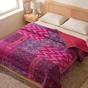 Handmade Silk Kantha Quilt, Reversible Patchwork Sari Throw, Twin/Queen Bedspread