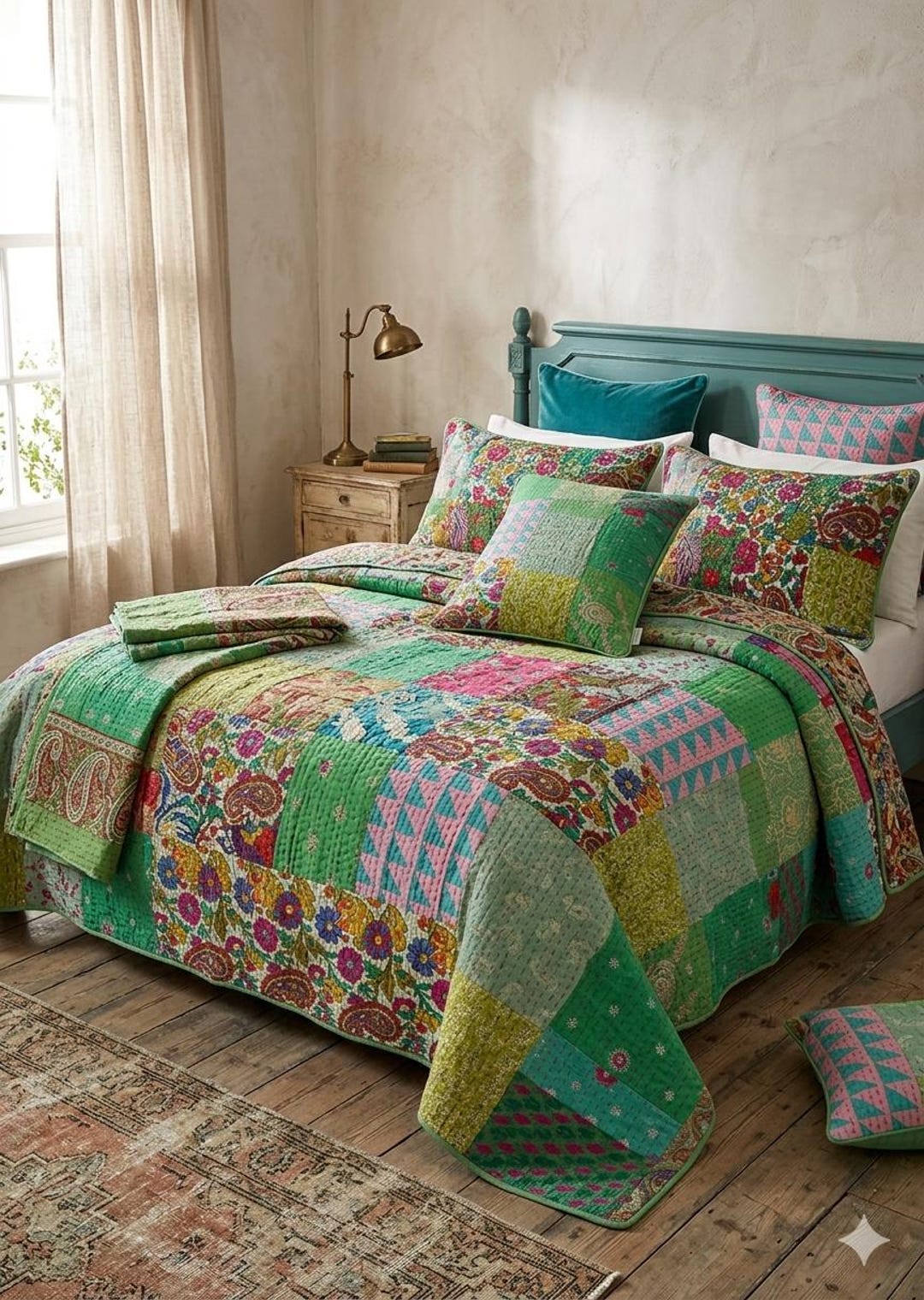 Patchwork Parrot Patchwork Kantha Quilt, Parrot Green Cotton Throw Blanket, Reversible ...
