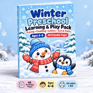 Op de afbeelding: Een Winter Preschool Learning & Play Pack activiteitenboek met een sneeuwpop en een pinguïn op de kaft. De tekst luidt Winter Preschool Learning & Play Pack, Tracing, Counting, Letters, Cut & Paste, Ages 4-6, 48 Printable Pages.