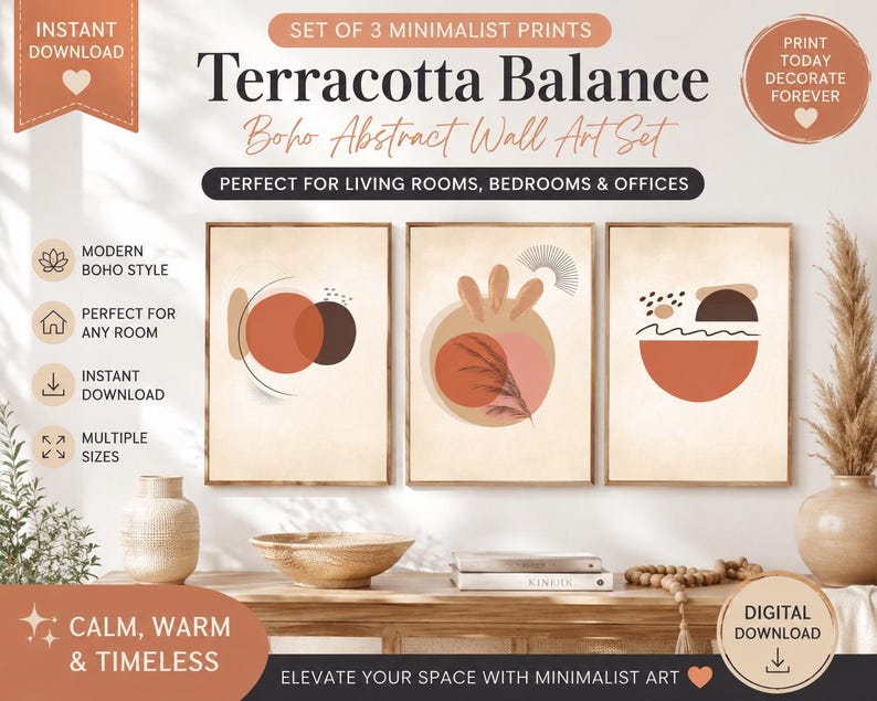 Terracotta Wall Art Set of 3 | Boho Abstract Prints | Earthy Neutral ...