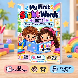 May include: A My First Sight Words Set 1 activity book featuring a cartoon illustration of two children reading a book. The cover includes the text Read Trace Write Play, 20 Words, 52 Printable Pages, Ages 4-6, and SunbalPrintables.