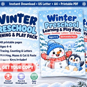 Puede incluir: Un paquete digital de aprendizaje y juego preescolar de invierno con 48 páginas imprimibles para edades de 4 a 6 años. La portada muestra un muñeco de nieve sonriente y un pingüino en un paisaje nevado. Incluye trazo, conteo, letras y recortes.