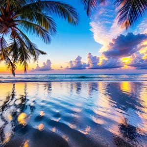Può includere: Una scena di spiaggia tropicale al tramonto con una palma dalle fronde verde scuro che si estende dall'angolo in alto a sinistra. L'orizzonte mostra un sole giallo brillante, un cielo blu con nuvole soffici e onde calme che riflettono la luce dorata.
