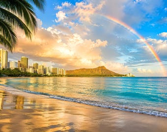 May include: A scenic view of Waikiki Beach featuring turquoise ocean waves washing onto a sandy shore, with a prominent rainbow arching across a golden sunset sky above the Diamond Head volcanic crater and a skyline of tall city buildings.