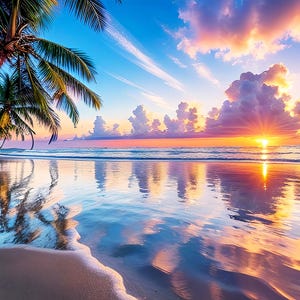 Costa tranquila: cuadro de playa con colorida puesta de sol, lámina con vibrante reflejo del océano, decoración tropical con palmeras, paisaje costero de ensueño.