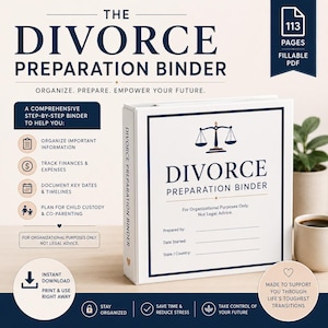 Può includere: Un raccoglitore bianco a tre anelli intitolato The Divorce Preparation Binder con un bordo blu scuro e l'icona di una bilancia della giustizia. La copertina include campi per Prepared by, Date Started e State/Country. È un PDF compilabile di 113 pag.