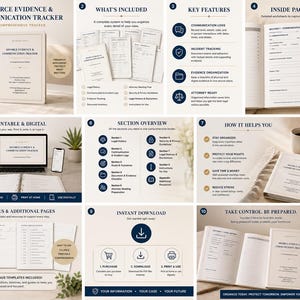 May include: A comprehensive divorce evidence and communication tracker system featuring a binder, printable worksheets, and digital templates. The pages include sections for legal history, communication logs, incident tracking, and evidence organization.