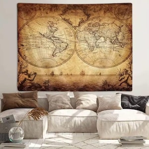 Vintage World Map Tapestry, Antique Nautical Wall Art, Old World Decor