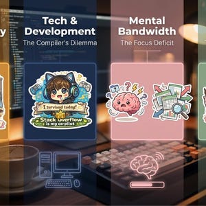 May include: A set of four thematic stickers featuring illustrations of a person drinking coffee, a person with headphones, a brain with question marks, and a person sleeping in bed with an alarm clock, labeled with text including Coffee is my lifeline.