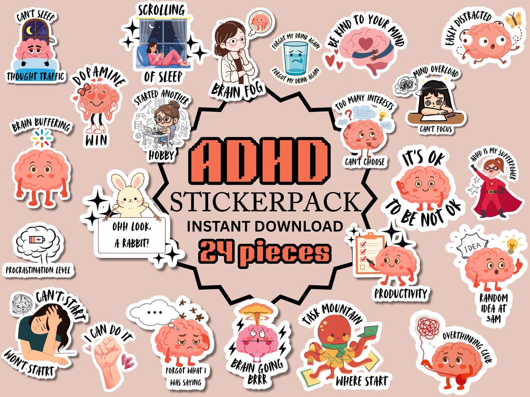 Fun Adhd Sticker Neurospicy ADHD Digital Sticker Pack, Mental Health Humor PNG (digital ...
