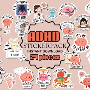 Digitalt klistermärkespaket med neurospicy ADHD, humor om mental hälsa i PNG (digital nedladdning)