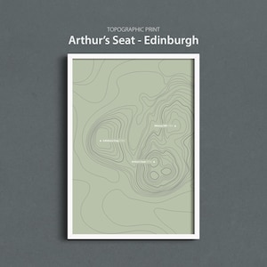 Topographic map art print, Arthurs Seat Edinburgh, Scotland featuring graphic contours.