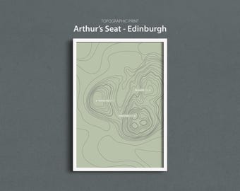 Topographic map art print, Arthurs Seat Edinburgh, Scotland featuring graphic contours.
