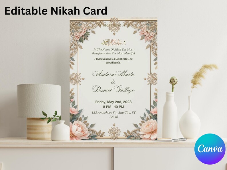 Editable Nikah Card Canva Template, Islamic Wedding Invitation, Elegant ...