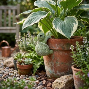 Könnte beinhalten: Ein grüner, schildkrötenförmiger Blumentopfhalter schmückt einen Terrakotta-Blumentopf, der mit üppigen grünen und weiß gerandeten Blättern gefüllt ist. Die Gartenszene umfasst weitere Topfpflanzen, eine Holzbank und eine Gießkanne aus Kupfer.
