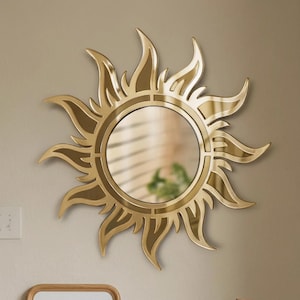 Boho Sunburst Wall Mirror, Gold Sun Mirror Decor, Acrylic Hanging Mirror for Living Room