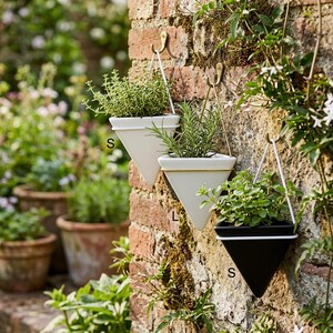 Op de afbeelding: Drie driehoekige hangende plantenbakken met planten bevestigd aan een bakstenen muur. Twee zijn wit met gouden randen en één is zwart met witte randen. De plantenbakken zijn gemarkeerd met de letters "S" en "L".