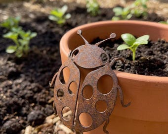 May include: A rusty brown metal ladybug garden stake with circular cutouts and antennae. The ladybug is positioned next to a terracotta pot with soil and a small plant. The background shows a garden bed with more plants.