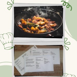 Puede incluir: Gráfico de plan de comidas con el texto "4 WEEK MEAL PLAN" en la parte superior. La imagen incluye una foto de verduras cocinadas en una sartén y listas de planes de comidas. El texto "3 MEALS PER WEEK KID FRIENDLY HIDDEN VEG" está en la parte inferior.