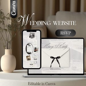 May include: A wedding website design displayed on a smartphone and laptop. The smartphone shows invitation details, while the laptop displays an envelope with a black ribbon. The text "Wedding Website" and "RSVP" are visible. The design is editable in Canva.