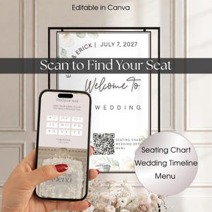 May include: A wedding sign with the text "Welcome To Wedding" and "Scan to Find Your Seat." A smartphone displays a seating chart. The sign includes the names "Emily & Erick" and the date "July 7, 2027."