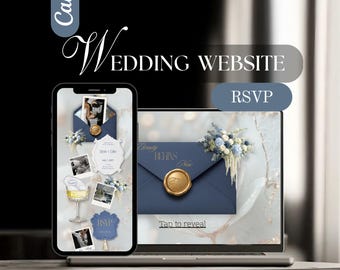 May include: A wedding website design displayed on a smartphone and laptop. The design features a navy blue envelope with a gold wax seal, floral accents, and the text "Wedding Website" and "RSVP". The words "Eternity Begins Now" are also visible.