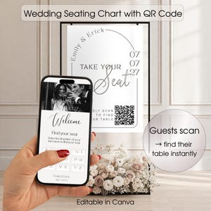 May include: A wedding seating chart with a QR code, featuring the names "Emily & Erick" and the date "07/07/27." A smartphone displays a welcome message and a seating search function. The text "Guests scan to find their table instantly" is also visible.
