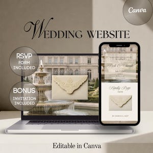 Template per sito web di matrimonio vintage minimalista con RSVP, elegante sito web di matrimonio di lusso, invito digitale modificabile con Canva, ottimizzato per dispositivi mobili.