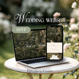 Può includere: Un laptop e uno smartphone che mostrano un design di sito web di matrimonio. Il laptop mostra un paesaggio panoramico con i nomi "Rich & Sarah". Il telefono mostra una pagina di benvenuto. Il testo include "Wedding Website", "RSVP" e "Editable in Canva".