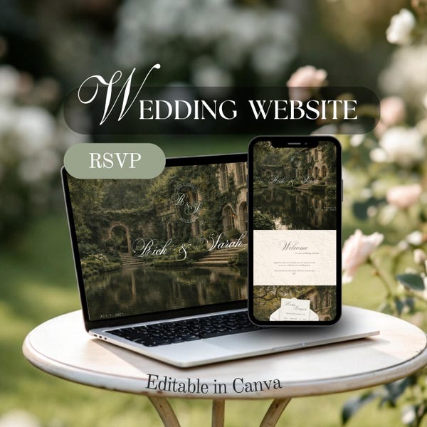 Garden Wedding Website Template, Editable Canva RSVP Site, Customizable Old Money Estate Wedding Website