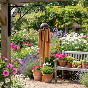May include: A bamboo wind chime hangs from a black wrought iron bracket. The wind chime has a coconut top and several bamboo tubes. The background features a lush garden with pink, white, and purple flowers, and a wooden bench.