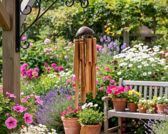 Carillón de viento de bambú, carillón de viento de cáscara de coco natural, decoración de jardín al aire libre