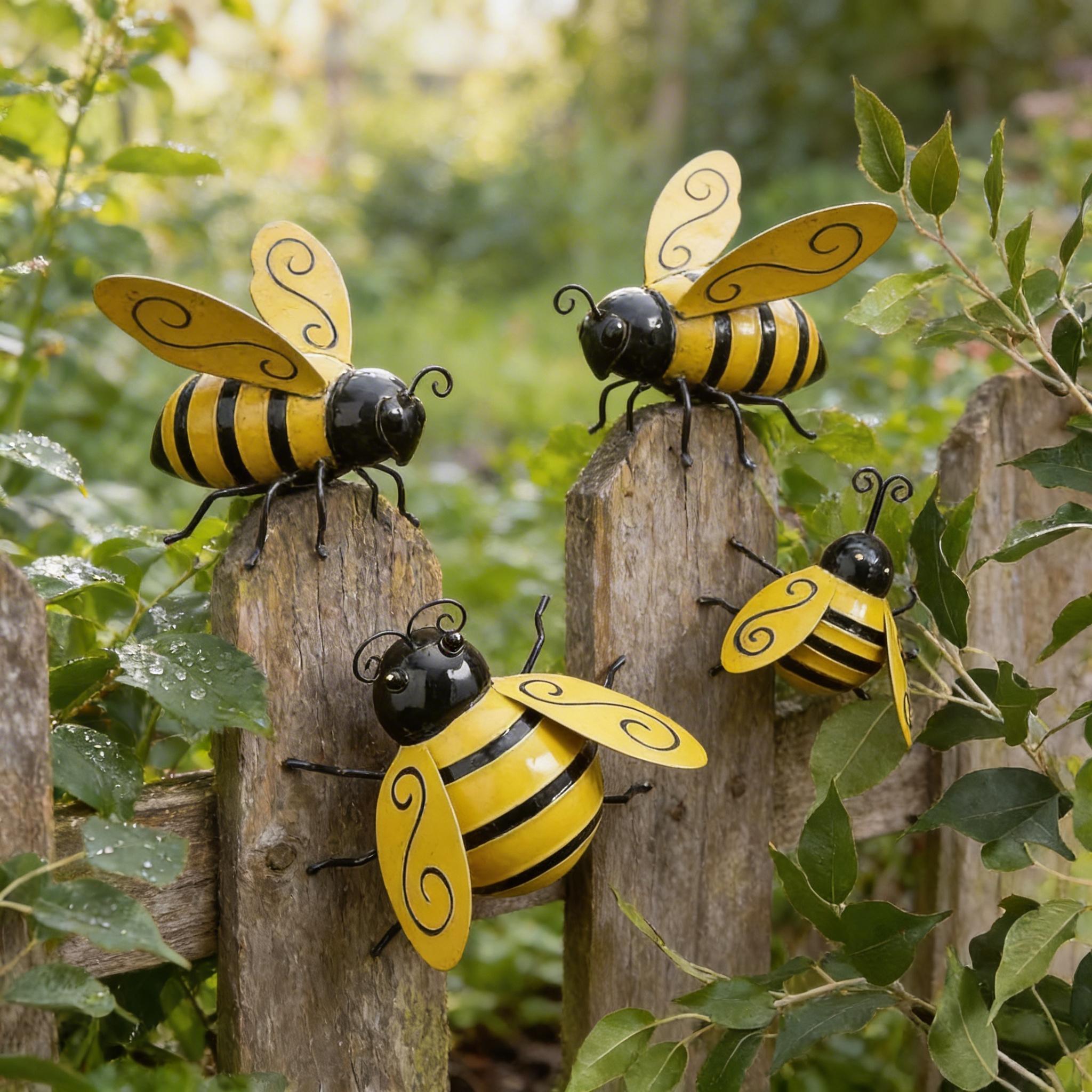 Metal Bee Wall Decor Set, Garden Bee Art, Outdoor Display, Wrought Iron