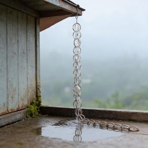 May include: A copper-colored rain chain with clear, round links hangs from a wooden structure. Water flows down the chain into a puddle on a wooden surface, with a blurred, green background.