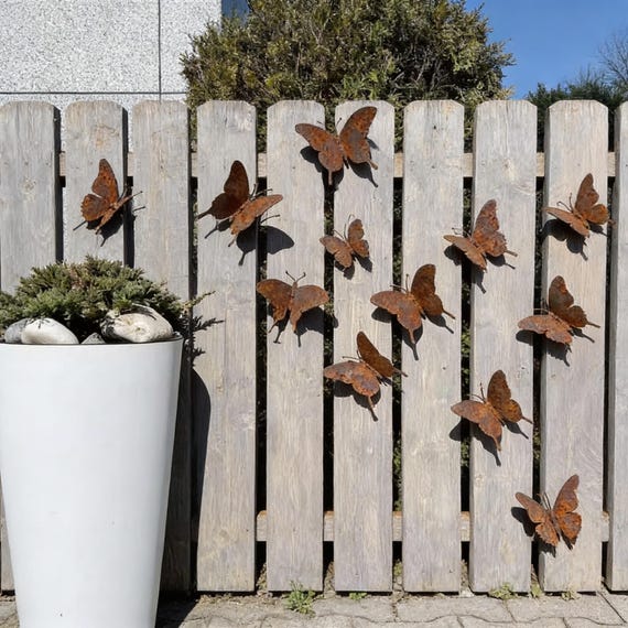 15 Pcs Rusty Metal Butterfly Wall Decor Set, Outdoor Garden Fence Art, Rustic Yard Decoration
