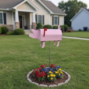May include: A pink pig-shaped mailbox with a red flag stands in a front yard. The mailbox is mounted on a metal pole above a flower bed with red, blue, and yellow flowers. The house is in the background.