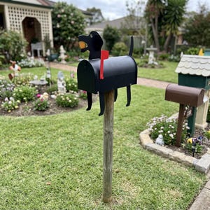 May include: A black metal mailbox shaped like a dog, with a red flag and a wooden post. The dog has a ball in its mouth and decorative legs. The mailbox is in a front yard with other mailboxes and landscaping.
