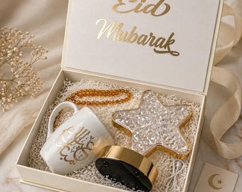 Caja de regalo de lujo para Eid Mubarak – Set de regalo islámico con taza, rosario y lámpara LED en forma de estrella – Regalo de Ramadán