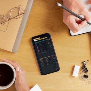 May include: A wooden desk with a smartphone showing a "Python Cheat Sheet". Other items include a notebook, glasses, a cup of coffee, and stationery. A person is writing in a notebook with a pencil.